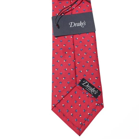 Drake's NWT Neck Tie in Red with Blue / White Mini Floral Pattern 100% Silk